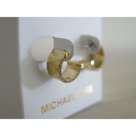 Michael Kors MKJX7845710 MK Monogram Yellow Gold Hoop Stud Earrings Crystals - Picture 8 of 10